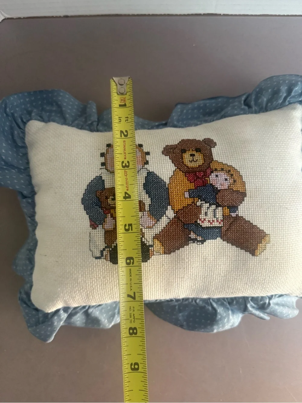 Handmade Cream Cross-Stitch Doll & Bear Accent Pillow with Blue Ruffle